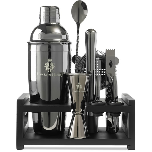 gunmetal black bartender kit in a black bamboo stand