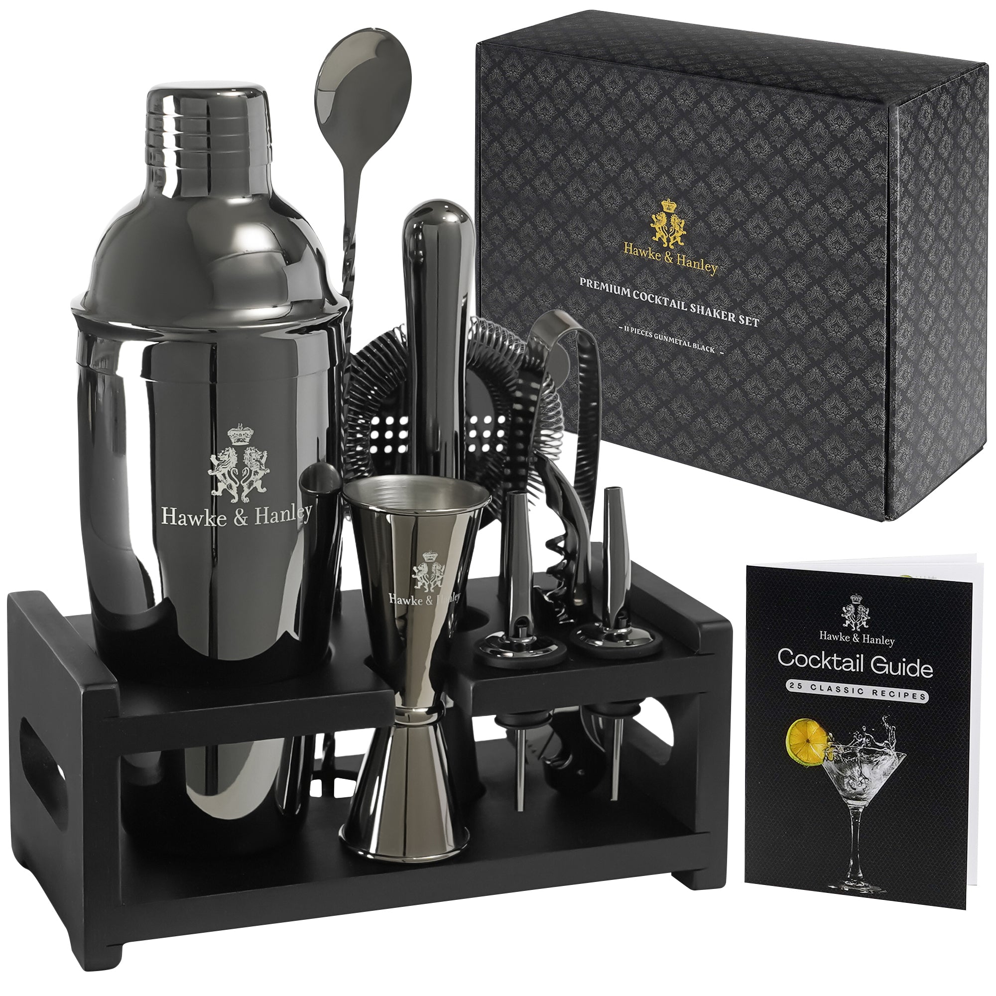 Hawke & Hanley Cocktail Shaker Set Bartender Kit - Gunmetal Black