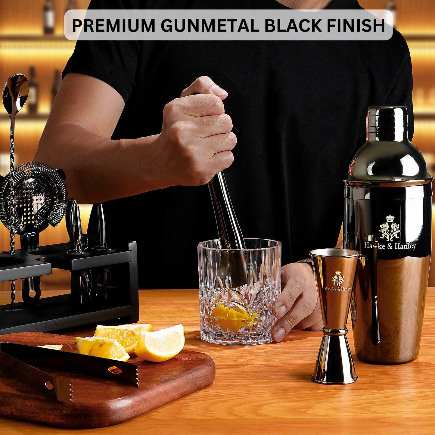 Hawke & Hanley Cocktail Shaker Set Bartender Kit - Gunmetal Black